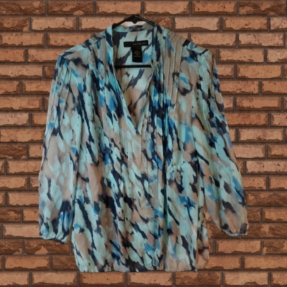 CALVIN Klein Sheer Blouse Pullover Pintuck V Neck 3/4 Sleeve Top Sz S - Picture 2 of 11